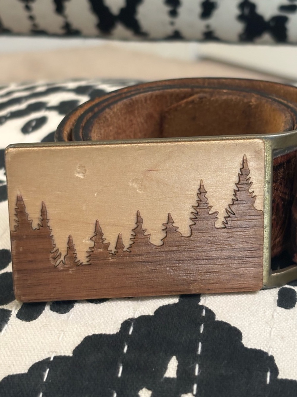 JOYO Genuine Embossed Leather Belt with Carved Wooden Buckle
